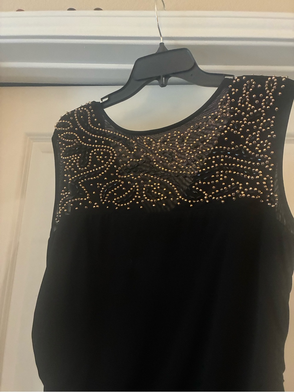 Black Sleeveless Tank Top with Gold Stud Embellished Mesh Yoke